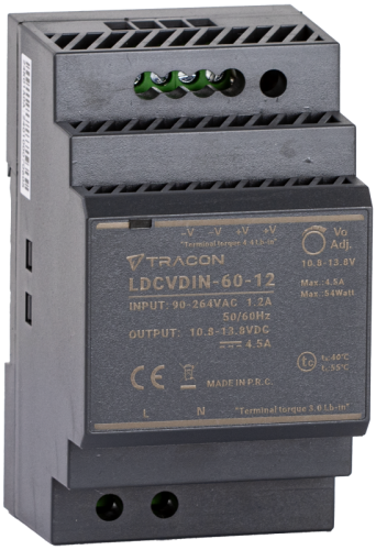 Zasilacz na szynę TH z regulowanym wyjściem DC 90-264VAC,1,2A/DC12V,4,5A/54W LDCVDIN-60-12 Tracon Electric