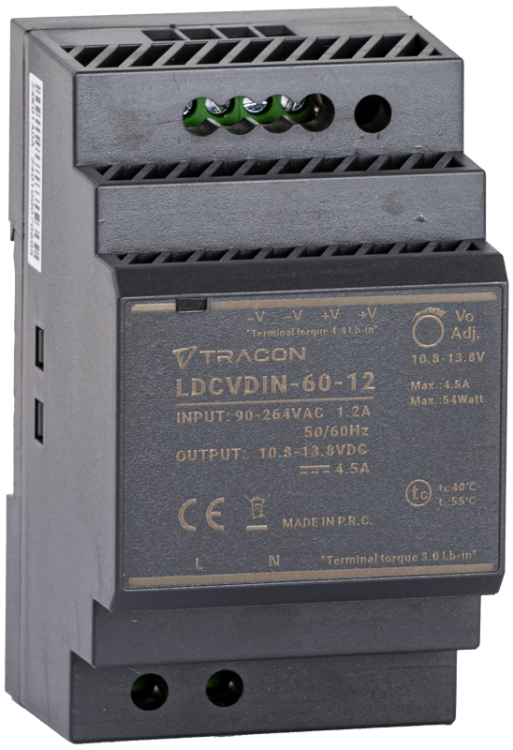 Zasilacz na szynę TH z regulowanym wyjściem DC 90-264VAC,1,2A/DC12V,4,5A/54W LDCVDIN-60-12 Tracon Electric