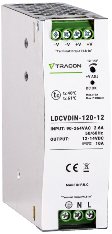 Zasilacz na szynę TH z regulowanym wyjściem DC 90-264VAC,2,6A/DC12V,10A/120W LDCVDIN-120-12 Tracon Electric