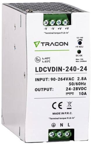 Zasilacz na szynę TH z regulowanym wyjściem DC 90-264VAC,2,8A/DC24V,10A/240W LDCVDIN-240-24 Tracon Electric