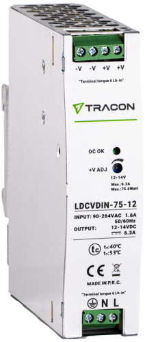 Zasilacz na szynę TH z regulowanym wyjściem DC 90-264VAC,1,6A/DC12V,6,3A/75W LDCVDIN-75-12 Tracon Electric