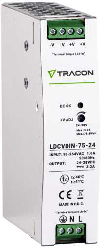 Zasilacz na szynę TH z regulowanym wyjściem DC 90-264VAC,1,6A/DC24V,3,2A/75W LDCVDIN-75-24 Tracon Electric