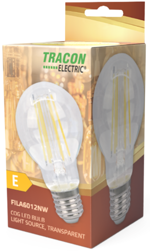 Żarówka Źródło światła COG LED globus, przeźroczysty 230 VAC, E27, 12W, 1530 lm, A60, 2700K, EEI=E FILA6012WW Tracon Electric