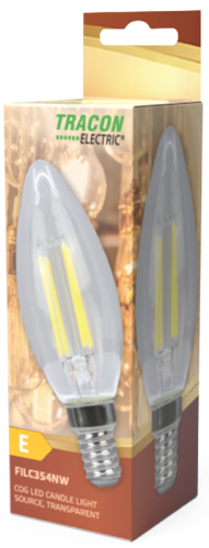 Żarówka Źródło światła COG LED, świeczka, przeźroczysta 230 VAC, E14, 4W, 470 lm, C35, 4000K, EEI=E FILC354NW Tracon Electric