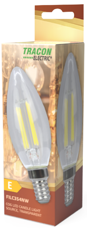 Żarówka Źródło światła COG LED, świeczka, przeźroczysta 230 VAC, E14, 4W, 470 lm, C35, 4000K, EEI=E FILC354NW Tracon Electric