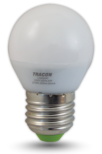 Żarówka Źródło światła LED, mała kulka 230 VAC, 4 W, 2700 K, E27, 320 lm, 200°, G45, EEI=G LG454W Tracon Electric