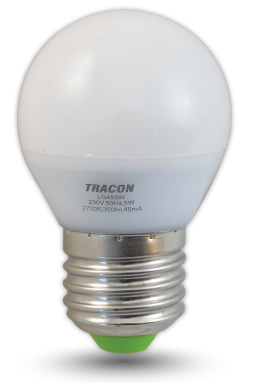 Żarówka Źródło światła LED, mała kulka 230 VAC, 5 W, 2700 K, E27, 380 lm, 200°, G45, EEI=G LG455W Tracon Electric