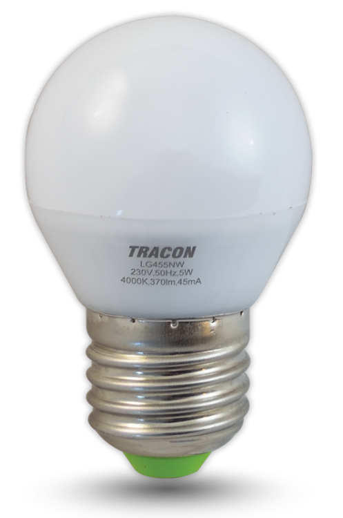 Żarówka Źródło światła LED, mała kulka 230 VAC, 5 W, 4000 K, E27, 380 lm, 200°, G45, EEI=G LG455NW Tracon Electric