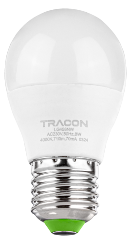 Żarówka Źródło światła LED, mała kulka 230 VAC 50Hz, 8 W, 4000 K, E27, 710 lm, 180°, G45, EEI=F LG458NW Tracon Electric