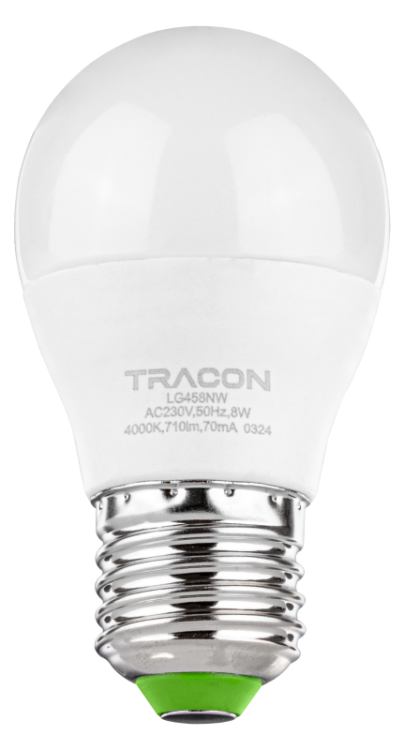 Żarówka Źródło światła LED, mała kulka 230 VAC 50Hz, 8 W, 4000 K, E27, 710 lm, 180°, G45, EEI=F LG458NW Tracon Electric