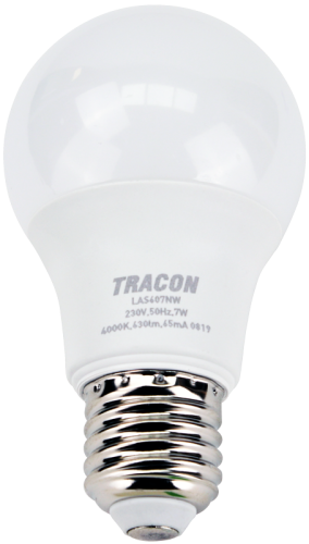 Żarówka LED z chipem Samsung - glob 230V,50Hz,7W,4000K,E27,630 lm,200°,A60,SAMSUNG chip, EEI=F LAS607NW Tracon Electric
