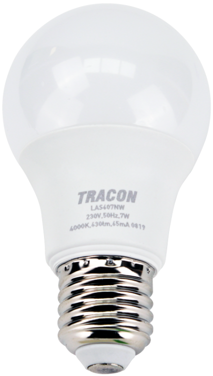 Żarówka LED z chipem Samsung - glob 230V,50Hz,7W,4000K,E27,630 lm,200°,A60,SAMSUNG chip, EEI=F LAS607NW Tracon Electric