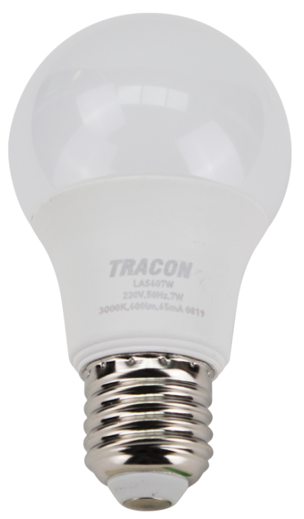 Żarówka LED z chipem Samsung - glob 230V,50Hz,7W,3000K,E27,600 lm,200°,A60,SAMSUNG chip, EEI=F LAS607W Tracon Electric