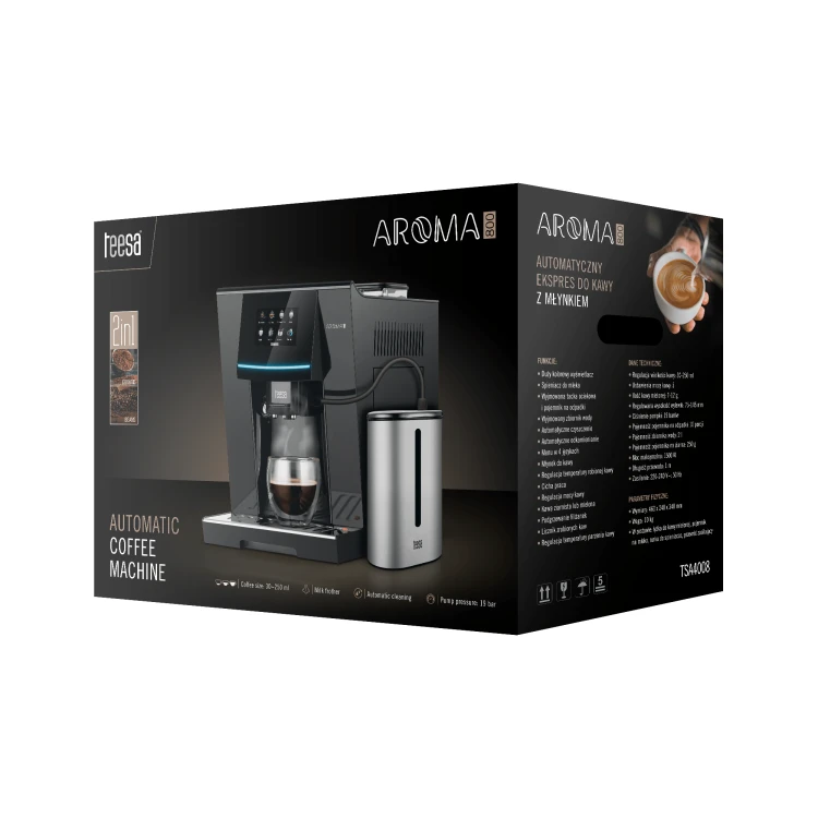 Ekspres Automatyczny ciśnieniowy do kawy z młynkiem i spieniaczem do mleka AROMA 800 TSA4008 Teesa z ekranem dotykowym podgrzewaczem do filiżanek Espress Coffee Cappuccino Latte