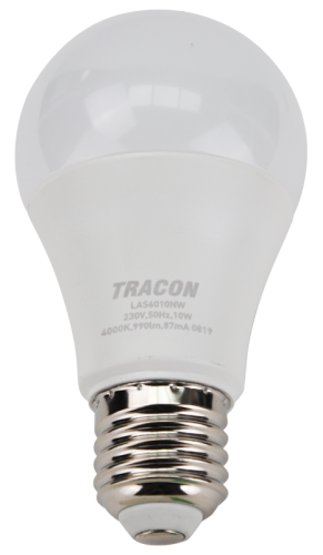 Żarówka LED z chipem Samsung - glob 230V,50Hz,10W,3000K,E27,940 lm,200°,A60,SAMSUNG chip, EEI=F LAS6010W Tracon Electric