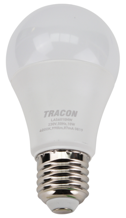 Żarówka LED z chipem Samsung - glob 230V,50Hz,10W,3000K,E27,940 lm,200°,A60,SAMSUNG chip, EEI=F LAS6010W Tracon Electric