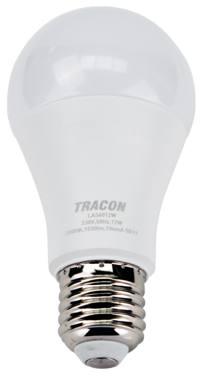 Żarówka LED z chipem Samsung - glob 230V,50Hz,12W,4000K,E27,1180 lm,200°,A60,SAMSUNG chip, EEI=F LAS6012NW Tracon Electric