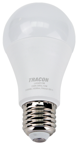 Żarówka LED z chipem Samsung - glob 230V,50Hz,12W,3000K,E27,1160 lm,200°,A60,SAMSUNG chip, EEI=F LAS6012W Tracon Electric