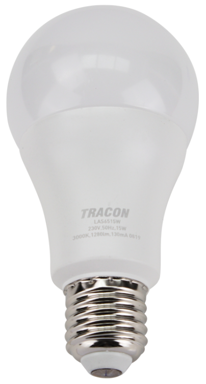 Żarówka LED z chipem Samsung - glob 230V,50Hz,15W,3000K,E27,1490 lm,200°,A65,SAMSUNG chip, EEI=F LAS6515W Tracon Electric