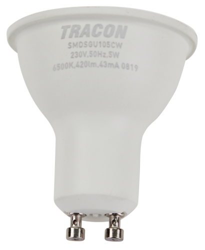 Żarówka spot LED SMD z chipem Samsung - obudowa plastikowa 230V,50Hz,GU10,5W,470lm,6500K,120°,SAMSUNG chip, EEI=F SMDSGU105CW Tracon Electric