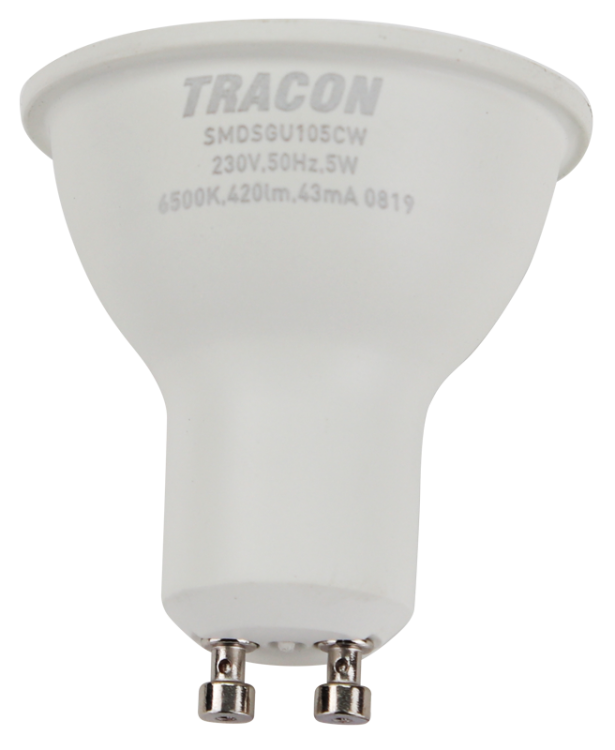 Żarówka spot LED SMD z chipem Samsung - obudowa plastikowa 230V,50Hz,GU10,5W,470lm,6500K,120°,SAMSUNG chip, EEI=F SMDSGU105CW Tracon Electric