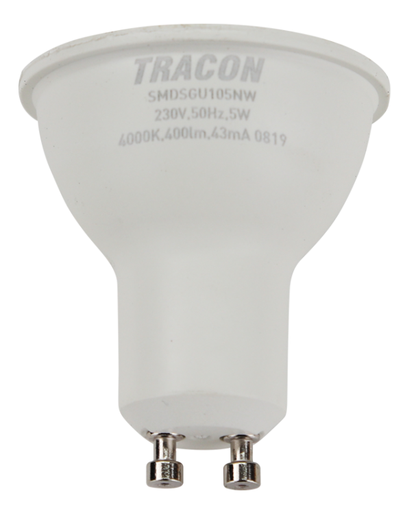 Żarówka spot LED SMD z chipem Samsung - obudowa plastikowa 230V,50Hz,GU10,5W,450lm,4000K,120°,SAMSUNG chip, EEI=F SMDSGU105NW Tracon Electric