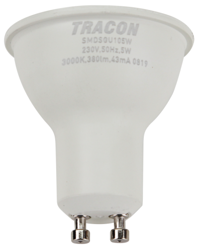 Żarówka spot LED SMD z chipem Samsung - obudowa plastikowa 230V,50Hz,GU10,5W,430lm,3000K,120°,SAMSUNG chip, EEI=F SMDSGU105W Tracon Electric