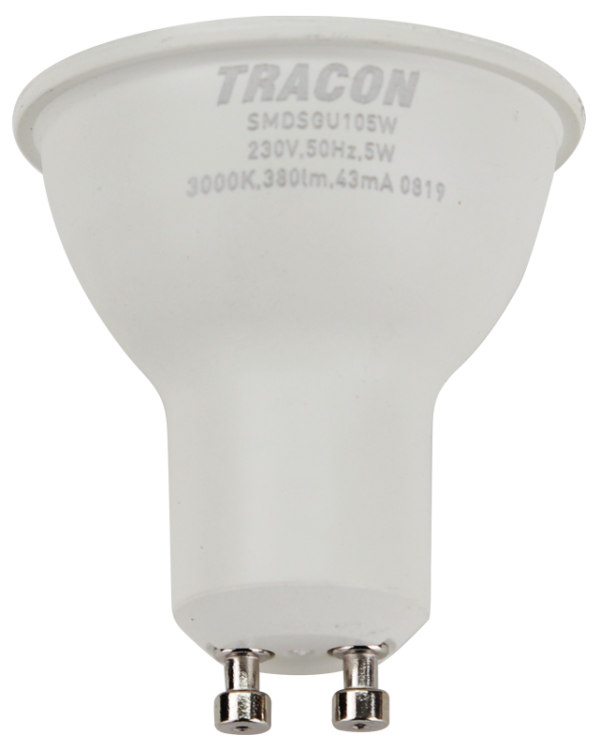 Żarówka spot LED SMD z chipem Samsung - obudowa plastikowa 230V,50Hz,GU10,5W,430lm,3000K,120°,SAMSUNG chip, EEI=F SMDSGU105W Tracon Electric