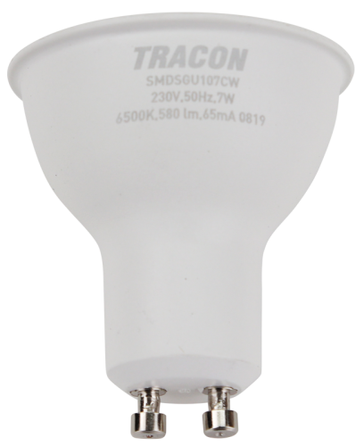 Żarówka spot LED SMD z chipem Samsung - obudowa plastikowa 230V,50Hz,GU10,7W,650lm,6500K,120°,SAMSUNG chip, EEI=F SMDSGU107CW Tracon Electric
