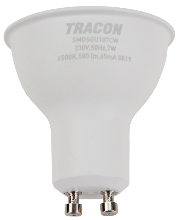Żarówka spot LED SMD z chipem Samsung - obudowa plastikowa 230V,50Hz,GU10,7W,650lm,6500K,120°,SAMSUNG chip, EEI=F SMDSGU107CW Tracon Electric