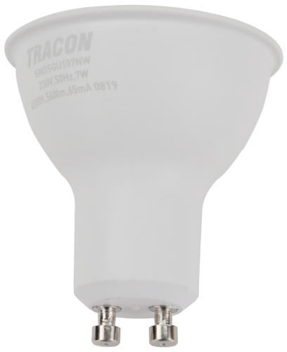 Żarówka spot LED SMD z chipem Samsung - obudowa plastikowa 230V,50Hz,GU10,7W,630lm,4000K,120°,SAMSUNG chip, EEI=F SMDSGU107NW Tracon Electric