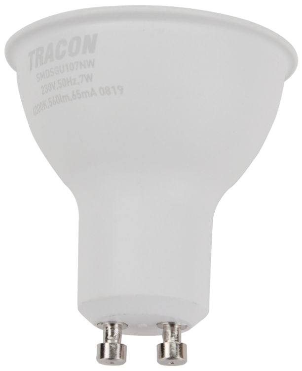 Żarówka spot LED SMD z chipem Samsung - obudowa plastikowa 230V,50Hz,GU10,7W,630lm,4000K,120°,SAMSUNG chip, EEI=F SMDSGU107NW Tracon Electric