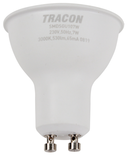 Żarówka spot LED SMD z chipem Samsung - obudowa plastikowa 230V,50Hz,GU10,7W,600lm,3000K,120°,SAMSUNG chip, EEI=F SMDSGU107W Tracon Electric