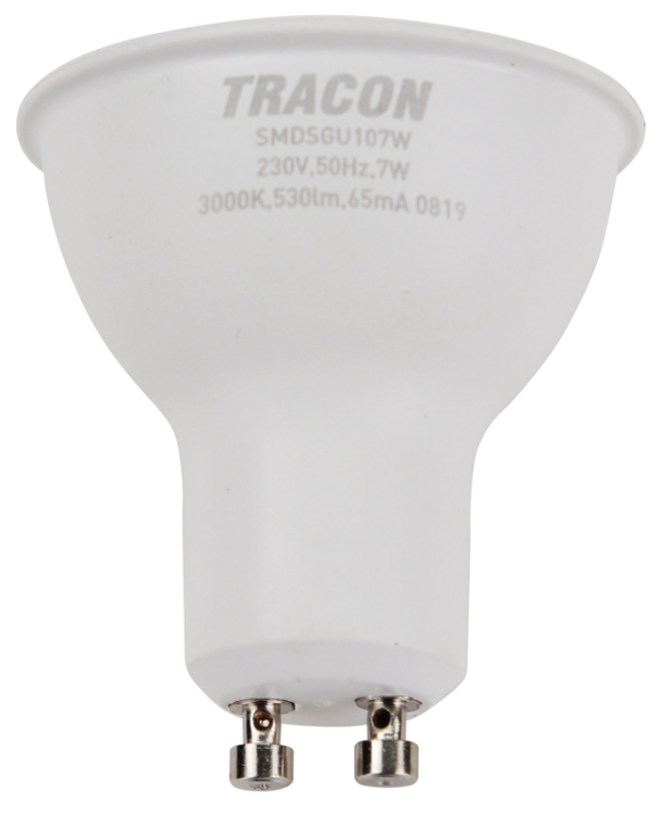 Żarówka spot LED SMD z chipem Samsung - obudowa plastikowa 230V,50Hz,GU10,7W,600lm,3000K,120°,SAMSUNG chip, EEI=F SMDSGU107W Tracon Electric