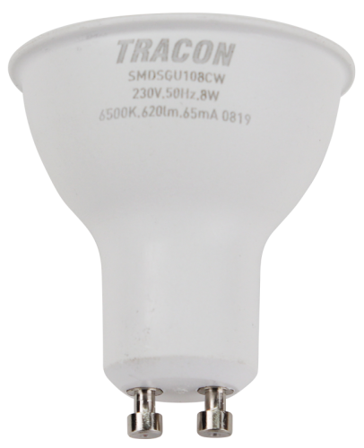 Żarówka spot LED SMD z chipem Samsung - obudowa plastikowa 230V,50Hz,GU10,8W,740lm,6500K,120°,SAMSUNG chip, EEI=F SMDSGU108CW Tracon Electric