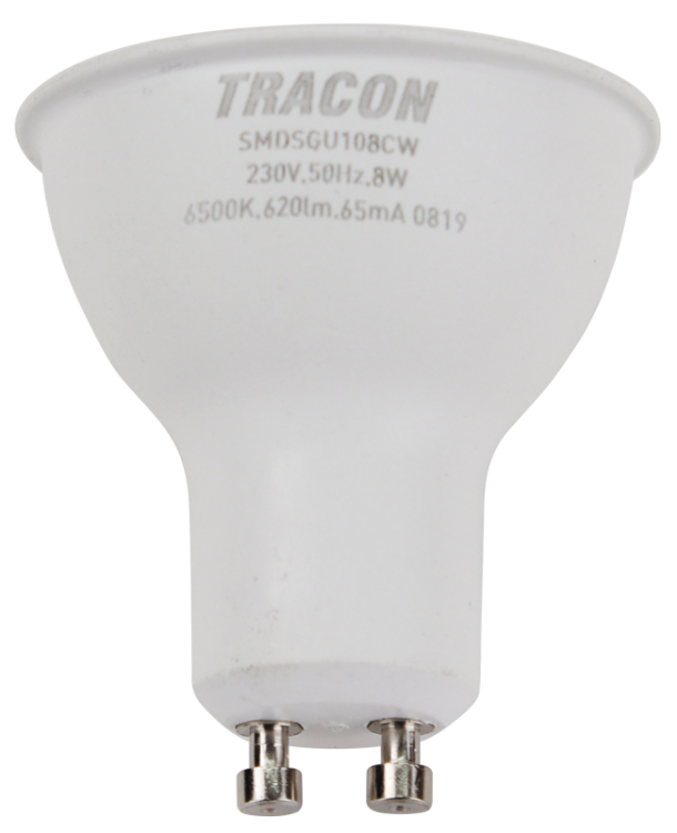 Żarówka spot LED SMD z chipem Samsung - obudowa plastikowa 230V,50Hz,GU10,8W,740lm,6500K,120°,SAMSUNG chip, EEI=F SMDSGU108CW Tracon Electric
