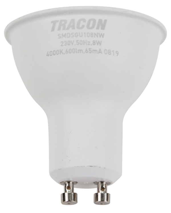 Żarówka spot LED SMD z chipem Samsung - obudowa plastikowa 230V,50Hz,GU10,8W,720lm,4000K,120°,SAMSUNG chip, EEI=F SMDSGU108NW Tracon Electric