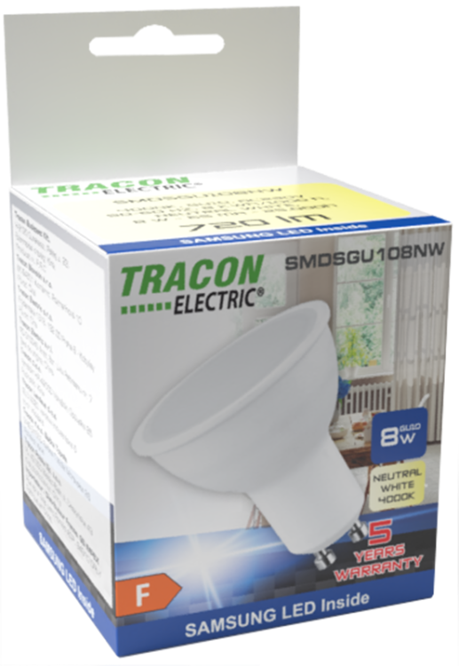 Żarówka spot LED SMD z chipem Samsung - obudowa plastikowa 230V,50Hz,GU10,8W,720lm,4000K,120°,SAMSUNG chip, EEI=F SMDSGU108NW Tracon Electric
