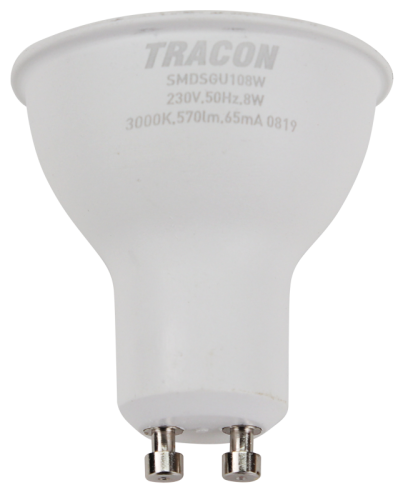 Żarówka spot LED SMD z chipem Samsung - obudowa plastikowa 230V,50Hz,GU10,8W,710 lm,3000 K,120°,SAMSUNG chip, EEI=F SMDSGU108W Tracon Electric