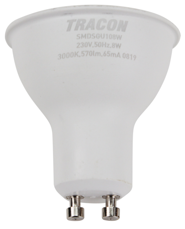 Żarówka spot LED SMD z chipem Samsung - obudowa plastikowa 230V,50Hz,GU10,8W,710 lm,3000 K,120°,SAMSUNG chip, EEI=F SMDSGU108W Tracon Electric