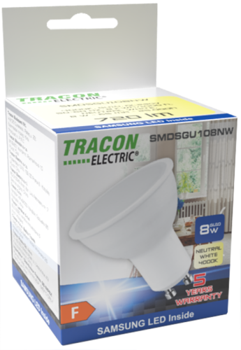 Żarówka spot LED SMD z chipem Samsung - obudowa plastikowa 230V,50Hz,GU10,8W,710 lm,3000 K,120°,SAMSUNG chip, EEI=F SMDSGU108W Tracon Electric