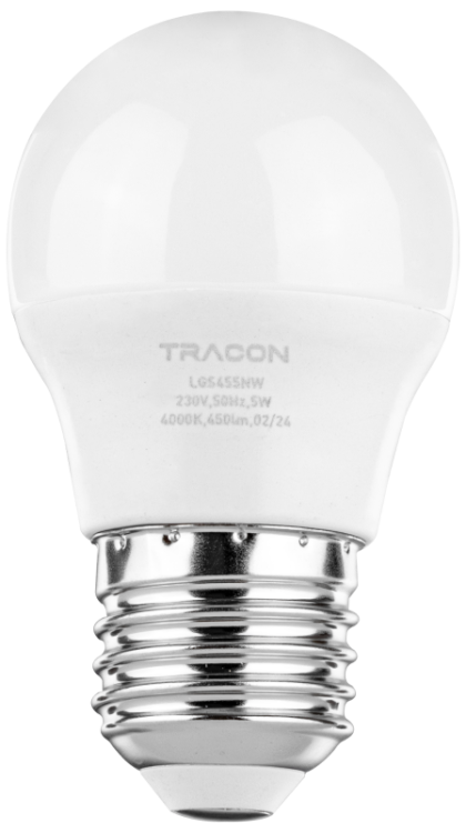 Żarówka LED z chipem Samsung - glob 230V,50Hz,5W,4000K,E27,450lm,180°,G45,SAMSUNG chip, EEI=F LGS455NW Tracon Electric