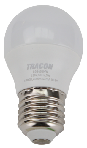 Żarówka LED z chipem Samsung - glob 230V,50Hz,5W,3000K,E27,430lm,180°,G45,SAMSUNG chip, EEI=F LGS455W Tracon Electric