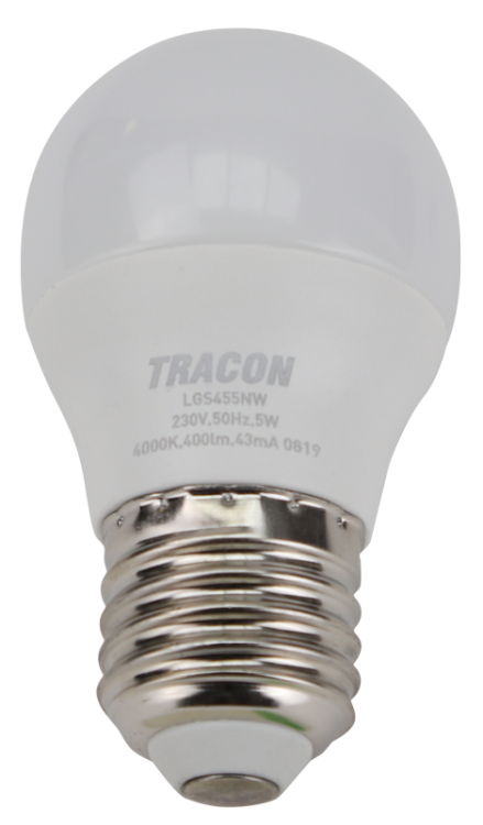 Żarówka LED z chipem Samsung - glob 230V,50Hz,5W,3000K,E27,430lm,180°,G45,SAMSUNG chip, EEI=F LGS455W Tracon Electric