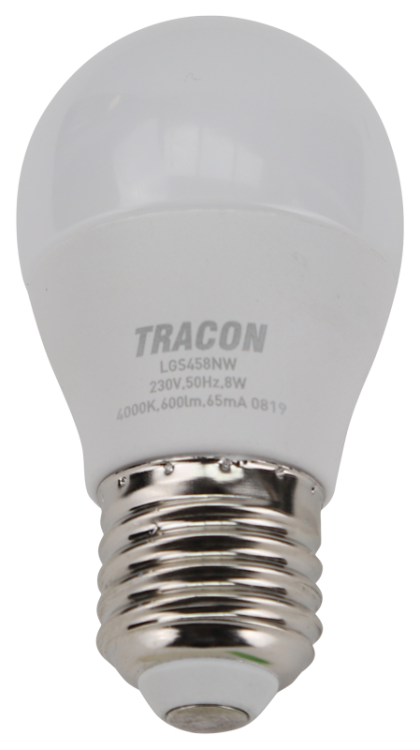 Żarówka LED z chipem Samsung - glob 230V,50Hz,8W,4000K,E27,720 lm,180°,G45,SAMSUNG chip, EEI=F LGS458NW Tracon Electric