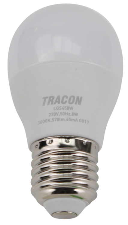 Żarówka LED z chipem Samsung - glob 230V,50Hz,8W,3000K,E27,710lm,180°,G45,SAMSUNG chip, EEI=F LGS458W Tracon Electric