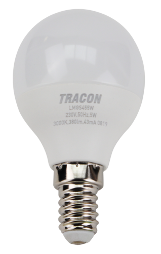 Żarówka LED z chipem Samsung - glob 230V,50Hz,5W,3000K,E14,430lm,180°,G45,SAMSUNG chip, EEI=F LMGS455W Tracon Electric