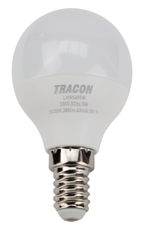 Żarówka LED z chipem Samsung - glob 230V,50Hz,5W,3000K,E14,430lm,180°,G45,SAMSUNG chip, EEI=F LMGS455W Tracon Electric