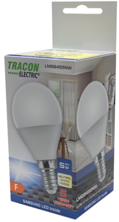 Żarówka LED z chipem Samsung - glob 230V,50Hz,5W,3000K,E14,430lm,180°,G45,SAMSUNG chip, EEI=F LMGS455W Tracon Electric