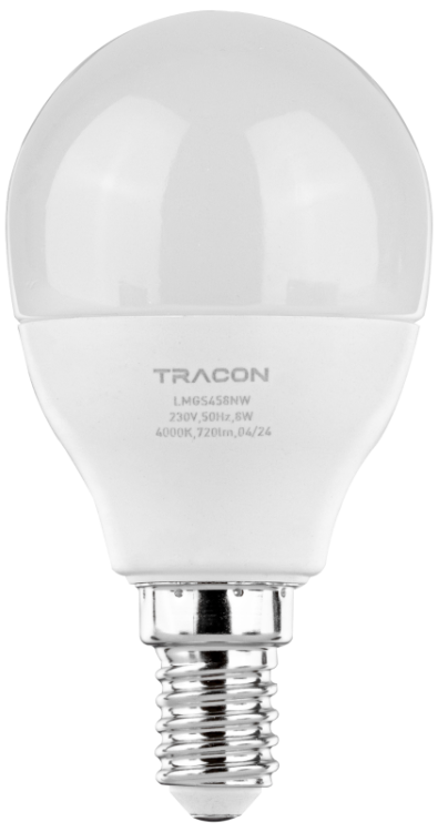 Żarówka LED z chipem Samsung - glob 230V,50Hz,8W,4000 K,E14,720lm,180°,G45,SAMSUNG chip, EEI=F LMGS458NW Tracon Electric
